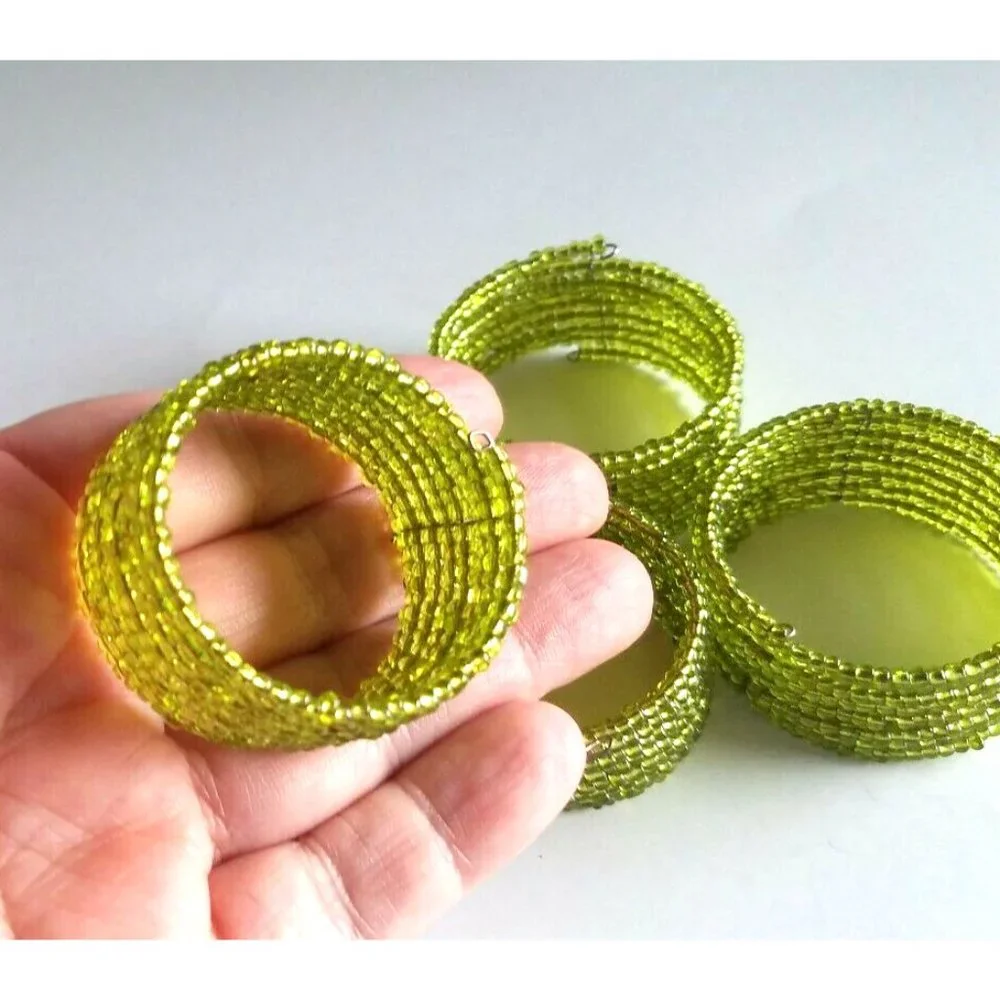 Vintage French Handmade Micro Beaded Napkin Rings set of 4  Lime Green Coiled